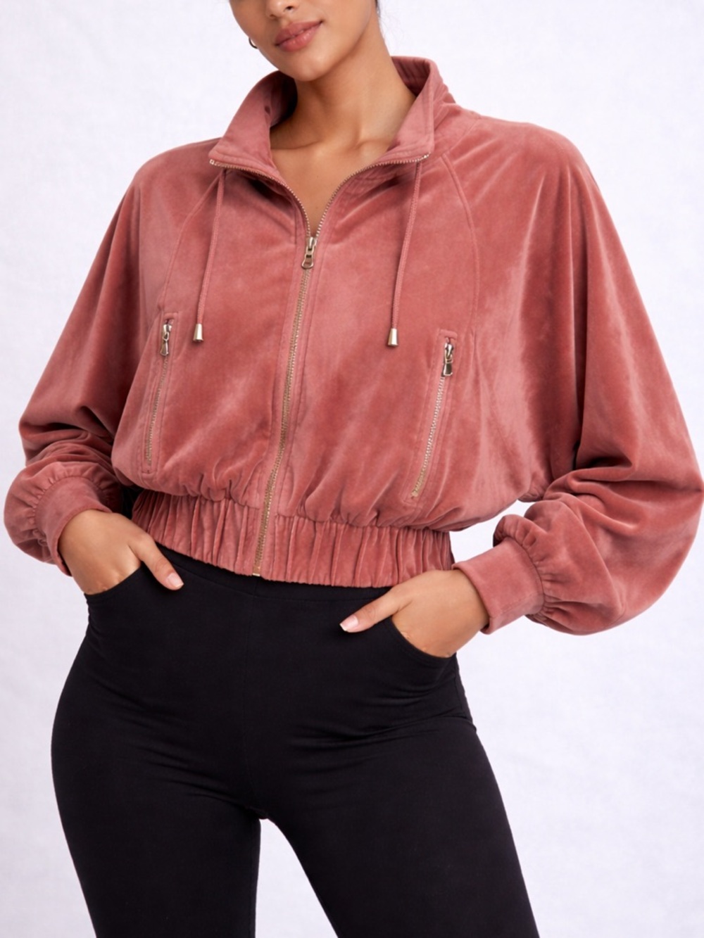 GUESS Cropped Batwing Sleeve Velour Zip-Up Bomber Jacket Off Duty Model Y2K Pink